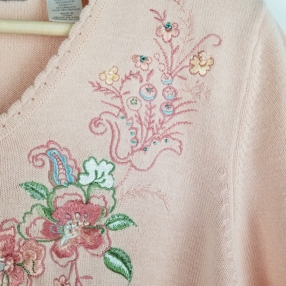 Alfred Dunner Petite‎ Large Peach Embroidered Floral Sweater V-neck Cottagecore - Picture 7 of 12